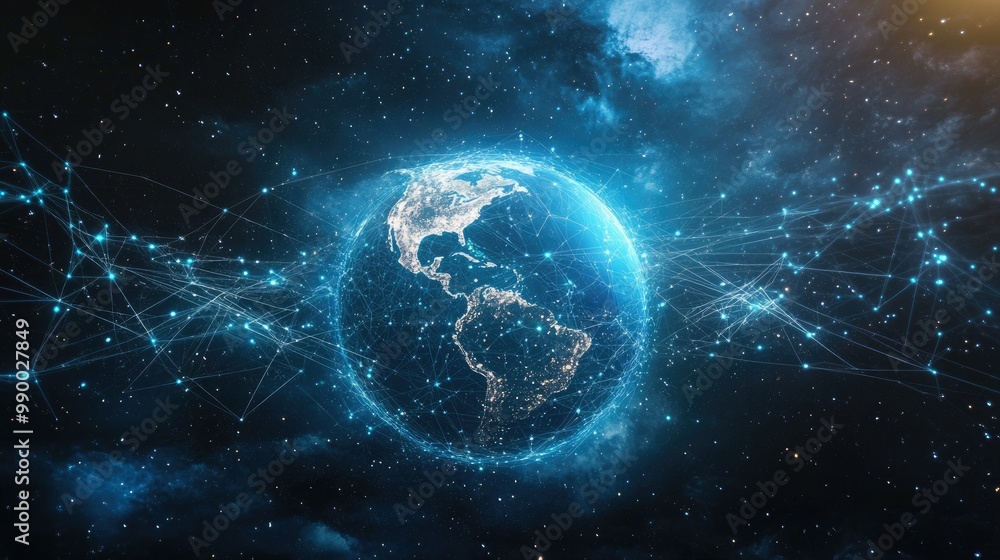 A stylized planet Earth with abstract network connections, forming a digital global connectivity visual. A stylized planet Earth with abstract network connections, forming a digital global connectivity visual.
