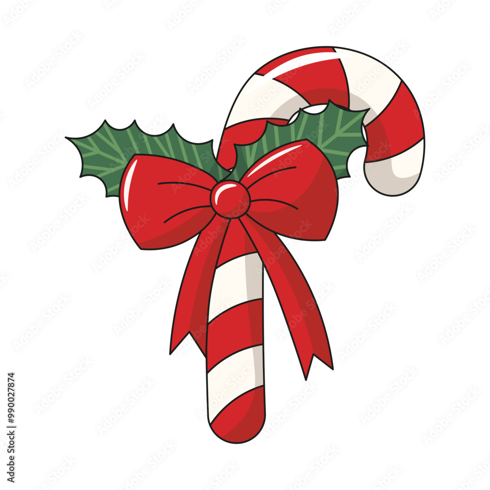 Christmas Candy Cane with holly branch and red bow. Vector illustration ...