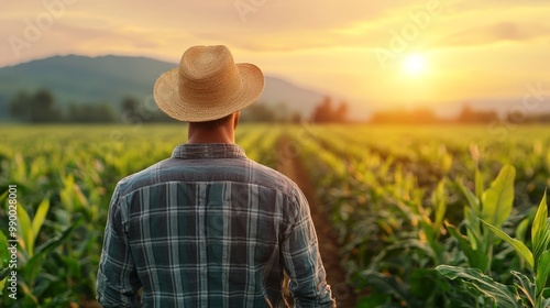 Sustainable Agriculture and Environmental Stewardship - Farmer Observing Sunrise Over Eco-Friendly Crop Field