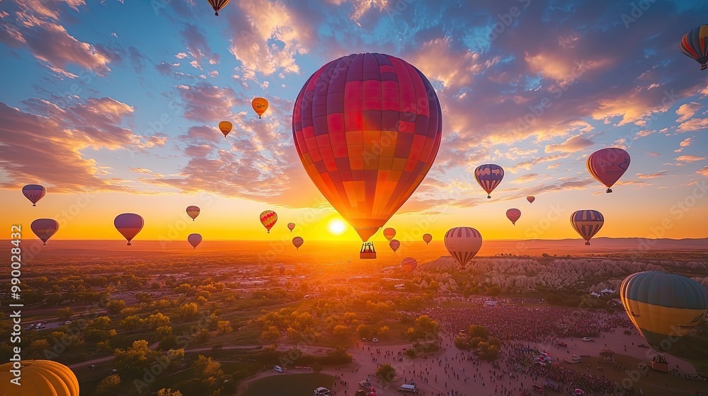 Naklejka premium A sunrise view of hundreds of colorful hot air balloons taking flight at the Albuquerque International Balloon Fiesta.