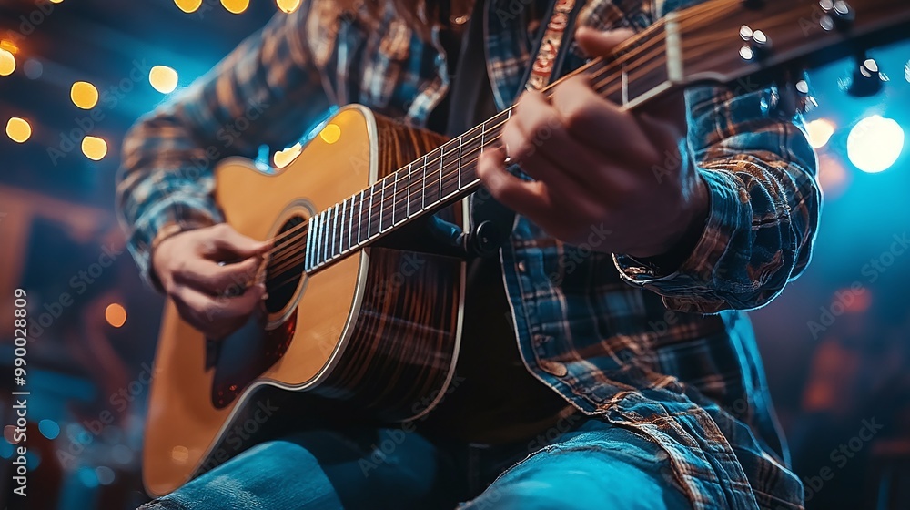 Obraz premium live concert performance of a famous guitarist strumming an acoustic guitar on stage, showcasing musical talent, audience energy, and the captivating sound of guitar strings in the spotlight