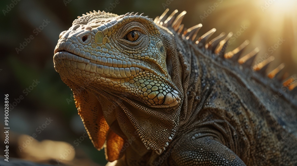 Fototapeta premium Close-up of an iguana with scales and a spiky back, looking directly at the camera