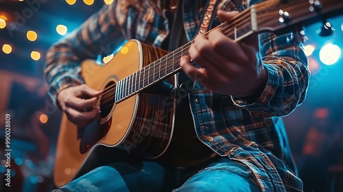 live concert performance of a famous guitarist strumming an acoustic guitar on stage, showcasing musical talent, audience energy, and the captivating sound of guitar strings in the spotlight