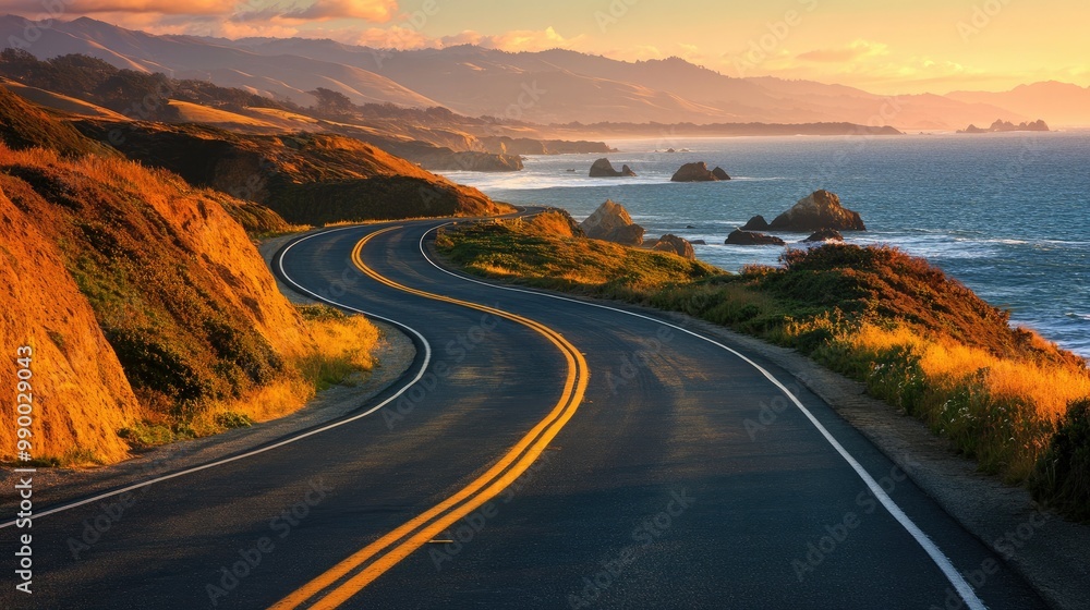 Winding Road by the Ocean at Sunset, Beautiful Coastal Drive, Golden Hour Landscape Winding Road by the Ocean at Sunset, Beautiful Coastal Drive, Golden Hour Landscape
