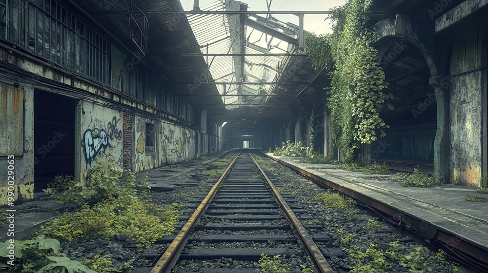 Abandoned Train Tracks Leading Through Overgrown Industrial Building Abandoned Train Tracks Leading Through Overgrown Industrial Building