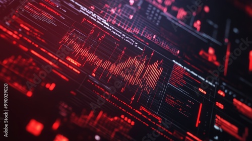 A close-up of a hacked financial system interface with red and black color scheme, highlighting the vulnerability of online systems, data security, cybercrime, and financial technology.