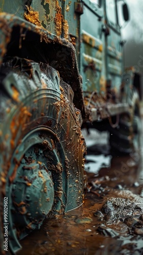 Close-up of a Rusty Off-Road Vehicle Tire in Mud photo