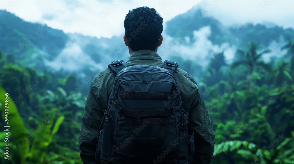 Man Observing Lush Green Forest in Misty Mountains Representing Environmental Social Governance (ESG) Concept Man Observing Lush Green Forest in Misty Mountains Representing Environmental Social Governance (ESG) Concept