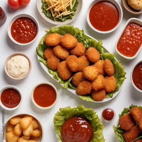 Delicious fresh Chicken Nuggets assortment with Tomato Sauce with some salad served, Chicken nuggets with crispy meat snack, Chicken nuggets made at home