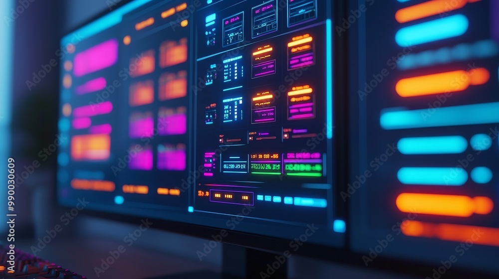 Futuristic Smart Home Control Panel with Vibrant Interface Displaying Various Technology Features and Settings