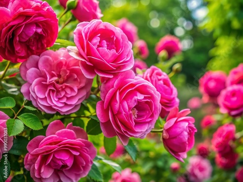 Wild Pink Roses Blooming in a Natural Setting with Lush Greenery and Soft Natural Light Background