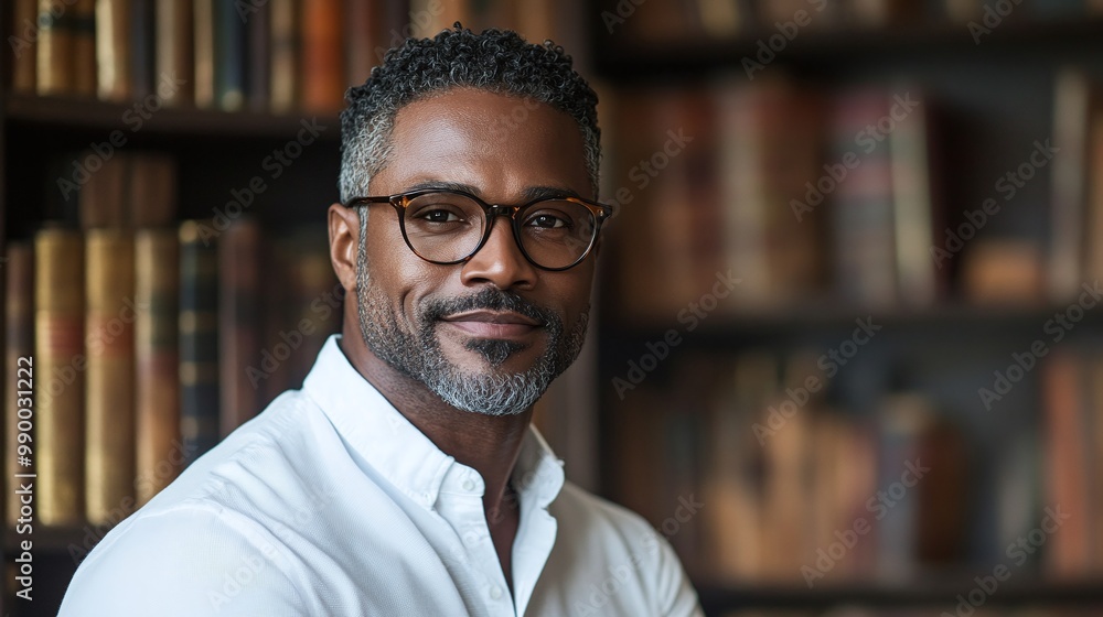 portrait of a stylish black African American man in his 40s, standing in a luxury ancient library, wearing glasses and a formal white shirt, showcasing elegance and professionalism portrait of a stylish black African American man in his 40s, standing in a luxury ancient library, wearing glasses and a formal white shirt, showcasing elegance and professionalism