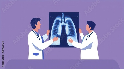 Cancer diagnosis, doctor analyzing lung x-ray, flat design illustration