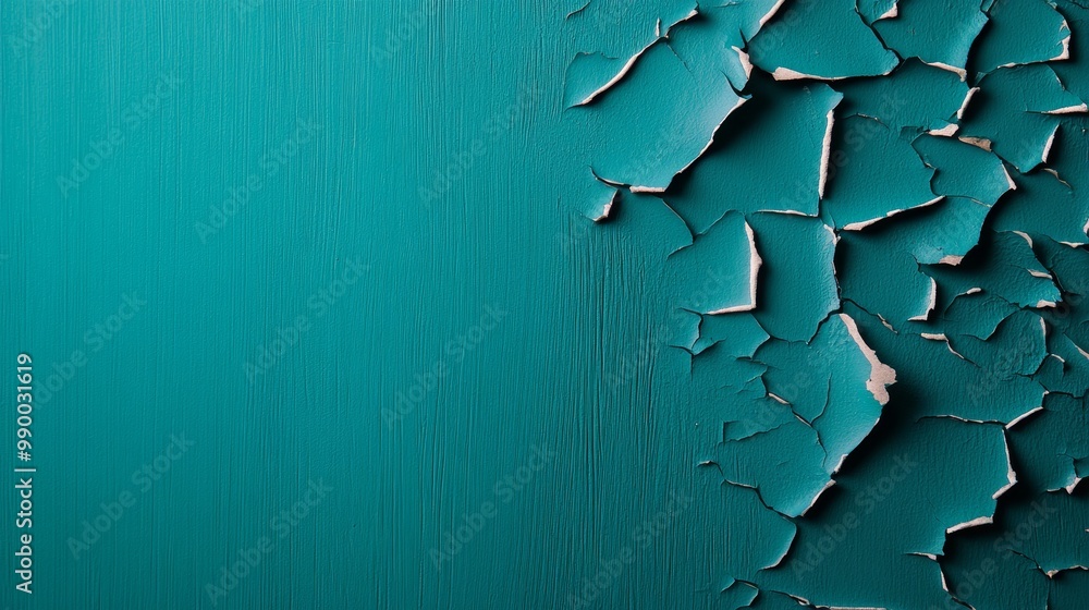 Obraz premium A close-up shot of a weathered teal wall showing peeling paint, revealing the wood underneath. The texture and color create a sense of age, history, and time.