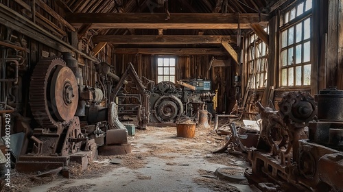 Rusted Machinery in a Derelict Wooden Workshop