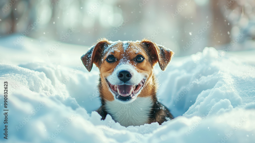 Happy dog playing in snow in winter Happy dog playing in snow in winter