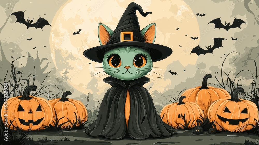 Cute Halloween Cat in Witch Hat with Jack o Lantern Pumpkins and Bats Cute Halloween Cat in Witch Hat with Jack o Lantern Pumpkins and Bats