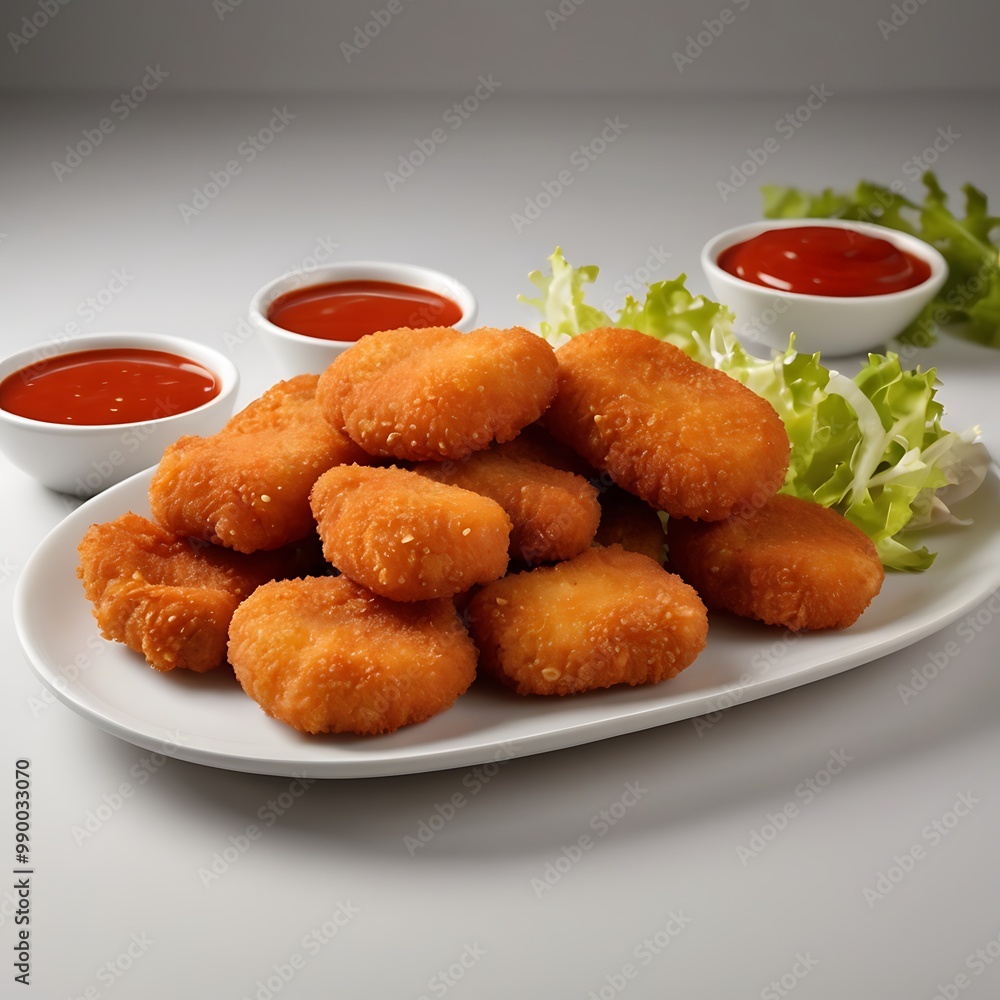 Delicious fresh Chicken Nuggets assortment with Tomato Sauce with some salad served, Chicken nuggets with crispy meat snack, Chicken nuggets made at home Delicious fresh Chicken Nuggets assortment with Tomato Sauce with some salad served, Chicken nuggets with crispy meat snack, Chicken nuggets made at home