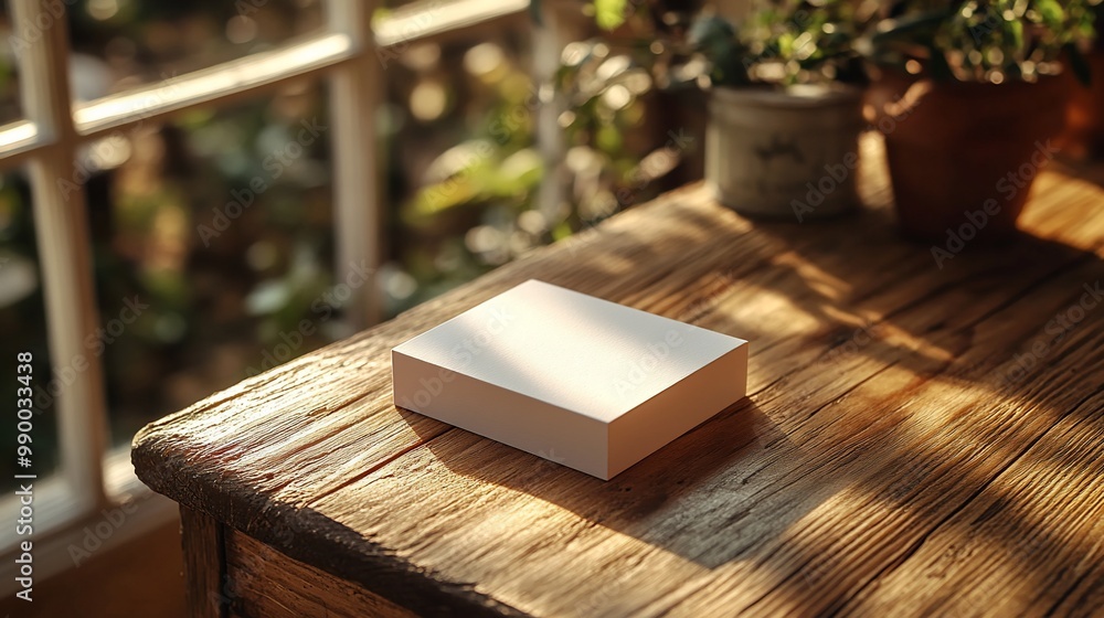 Blank white box mockup on rustic wooden table with natural light and potted plants. Blank white box mockup on rustic wooden table with natural light and potted plants.