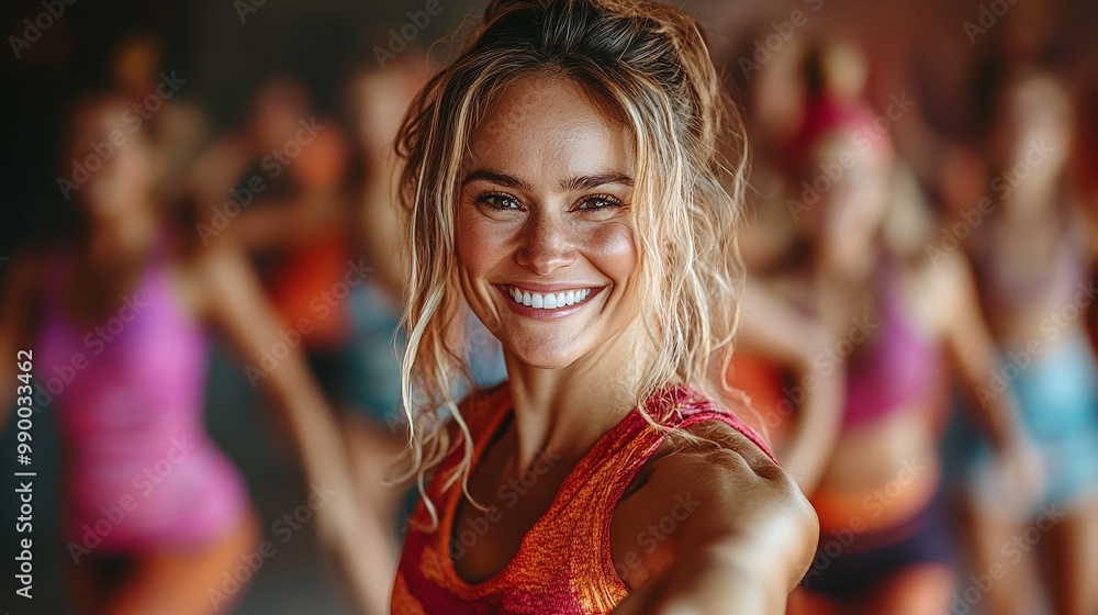 active middle-aged woman participating in a Zumba dance class, smiling and enjoying a fitness routine focused on energy, rhythmic movement, and a joyful approach to wellness and healthy living active middle-aged woman participating in a Zumba dance class, smiling and enjoying a fitness routine focused on energy, rhythmic movement, and a joyful approach to wellness and healthy living