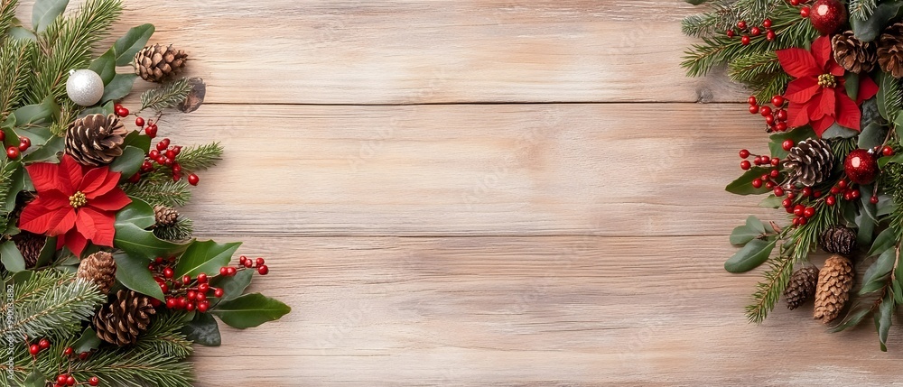 Beautiful holiday arrangement of red poinsettias, pinecones, and greenery on a wooden surface, perfect for festive occasions. Beautiful holiday arrangement of red poinsettias, pinecones, and greenery on a wooden surface, perfect for festive occasions.