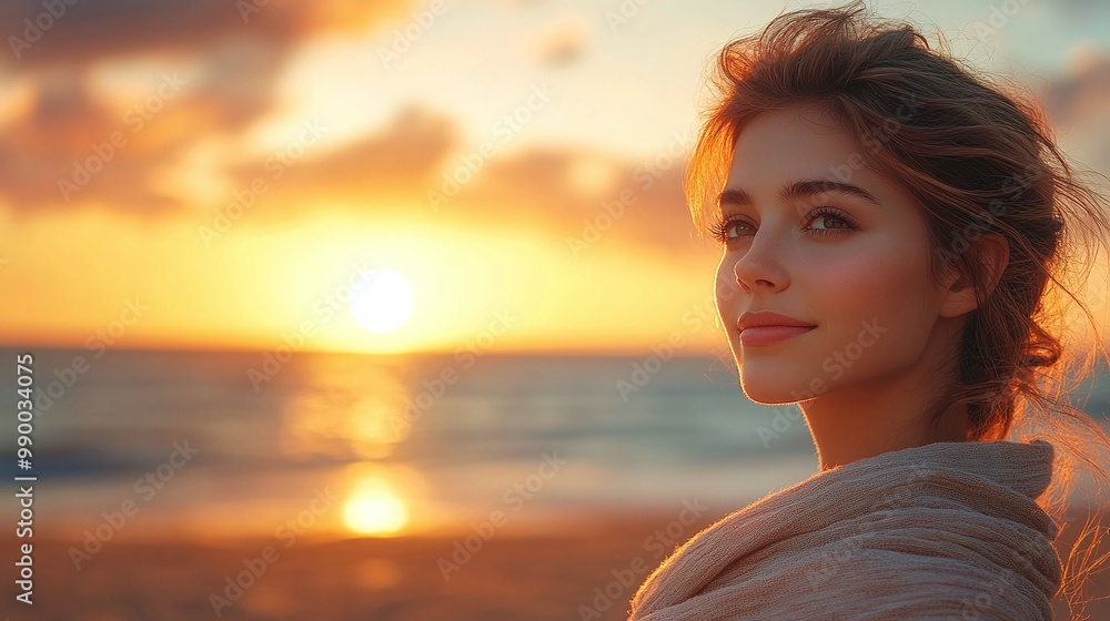 young woman standing on the beach at sunset, wrapped in a shawl, watching the horizon on a fresh evening, enjoying the serene and peaceful beauty of the ocean and the calmness of the moment young woman standing on the beach at sunset, wrapped in a shawl, watching the horizon on a fresh evening, enjoying the serene and peaceful beauty of the ocean and the calmness of the moment