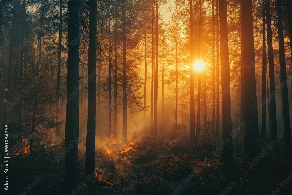 Sunset Through Smoke-Filled Forest With Flames in the Foreground Sunset Through Smoke-Filled Forest With Flames in the Foreground