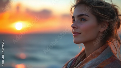 young woman standing on the beach at sunset, wrapped in a shawl, watching the horizon on a fresh evening, enjoying the serene and peaceful beauty of the ocean and the calmness of the moment