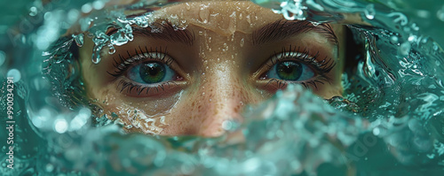 close up of persons eyes partially submerged in water, surrounded by bubbles and ripples, creating serene yet captivating atmosphere. clarity of eyes contrasts beautifully with fluid environment