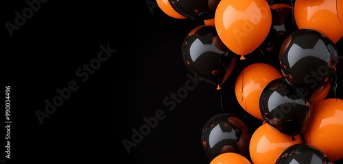 Spooky festive atmosphere with black and orange balloons on a black background.
