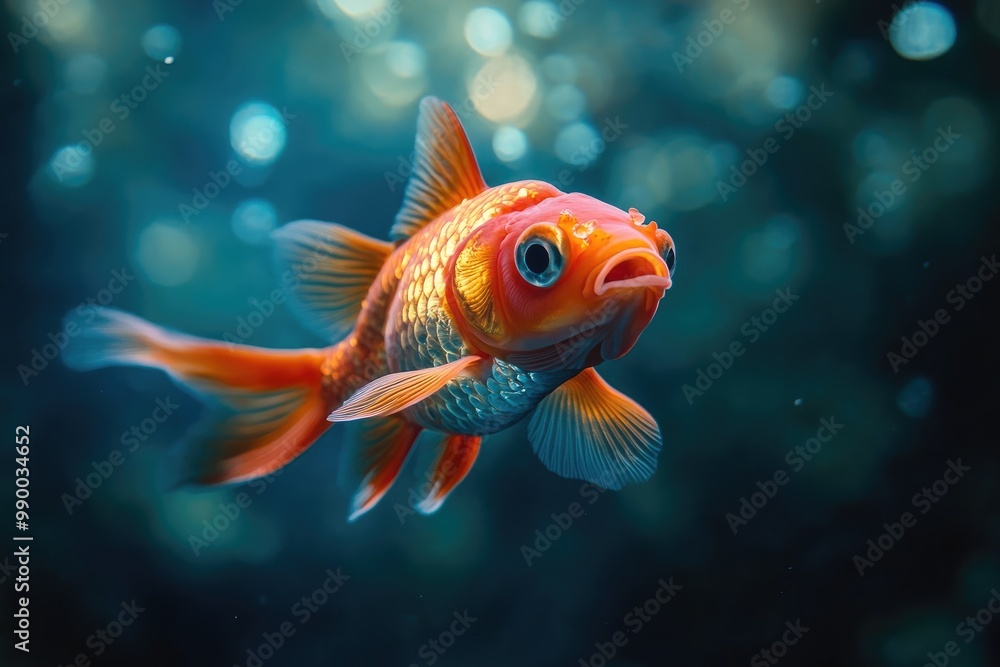Fototapeta premium A Curious Goldfish Swimming in a Blue and Green Aquatic Environment