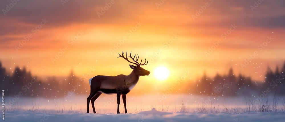 A majestic reindeer standing against a stunning sunset in a snowy landscape, surrounded by trees and soft falling snowflakes. A majestic reindeer standing against a stunning sunset in a snowy landscape, surrounded by trees and soft falling snowflakes.