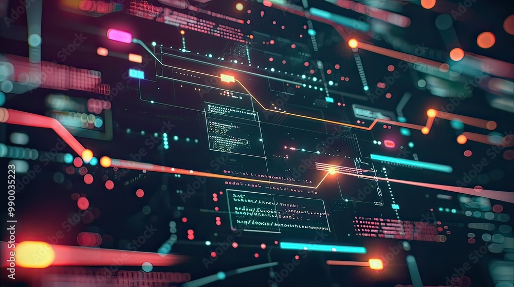 Obraz premium A digital interface showcasing machine learning algorithms with code snippets and flow diagrams.