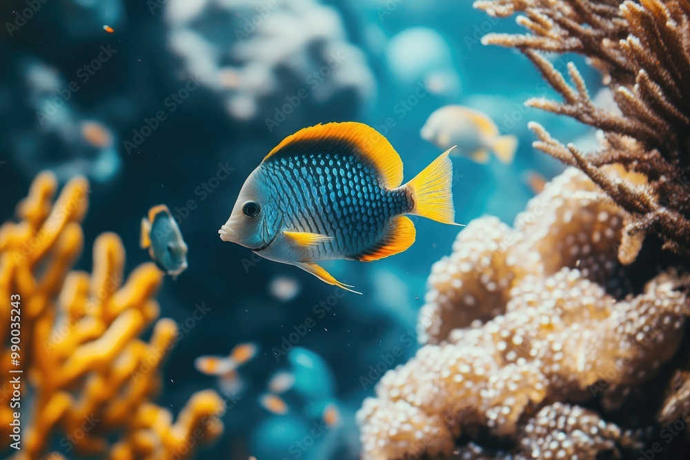 A Yellow-Finned Fish Swims Past Coral in the Ocean A Yellow-Finned Fish Swims Past Coral in the Ocean