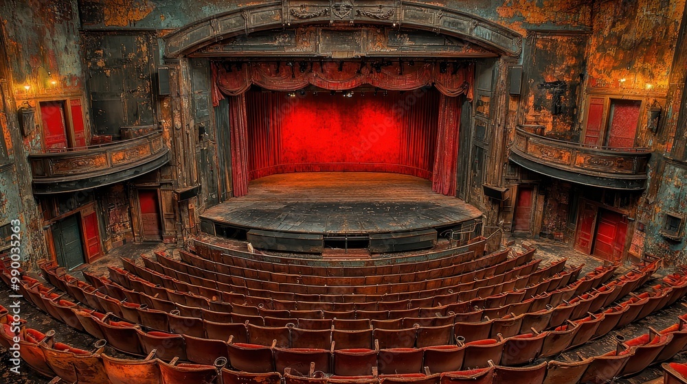 Obraz premium Abandoned Theater Interior with Stage and Red Curtains