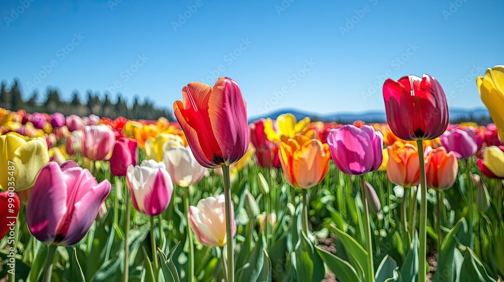 A vibrant field of multicolored tulips in full bloom, stretching towards the horizon under a clear blue sky. A vibrant field of multicolored tulips in full bloom, stretching towards the horizon under a clear blue sky.