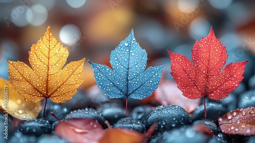 Autumn Leaves with Dew Drops on Stones photo