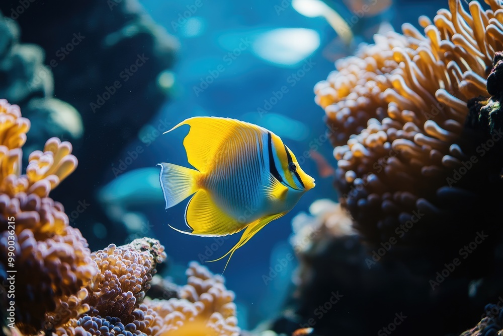 Naklejka premium Yellow and Blue Striped Butterflyfish Swimming Near Coral Reef