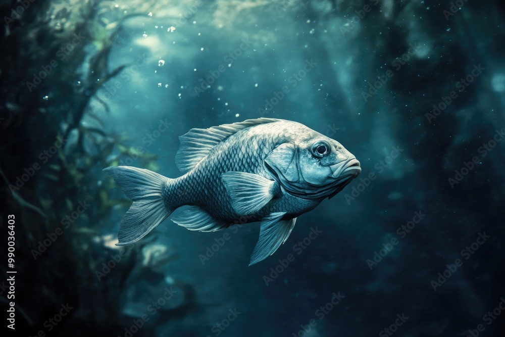 Fototapeta premium A Single Fish Swimming in a Deep Blue Ocean Environment