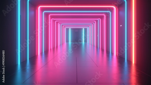 Futuristic Neon Tunnel with Vibrant Blue and Pink Lights Representing Modern Technology and Innovation