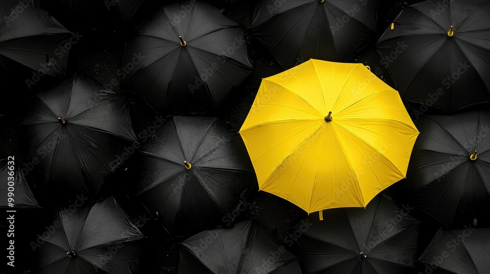 A vibrant yellow umbrella amidst a crowd of black umbrellas, emphasizing the power of being different and standing out A vibrant yellow umbrella amidst a crowd of black umbrellas, emphasizing the power of being different and standing out