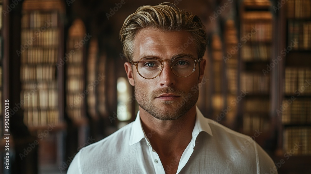 professional portrait of a handsome caucasian man in his 40s, wearing glasses and a white shirt, with a slick hairstyle and smooth face, posing in a luxurious ancient library setting professional portrait of a handsome caucasian man in his 40s, wearing glasses and a white shirt, with a slick hairstyle and smooth face, posing in a luxurious ancient library setting