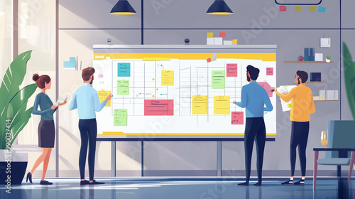 A vibrant illustration of a business team brainstorming over a large planning calendar, with colorful sticky notes and charts.