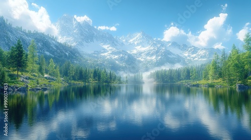 Serene mountain landscape with a tranquil lake and lush greenery.