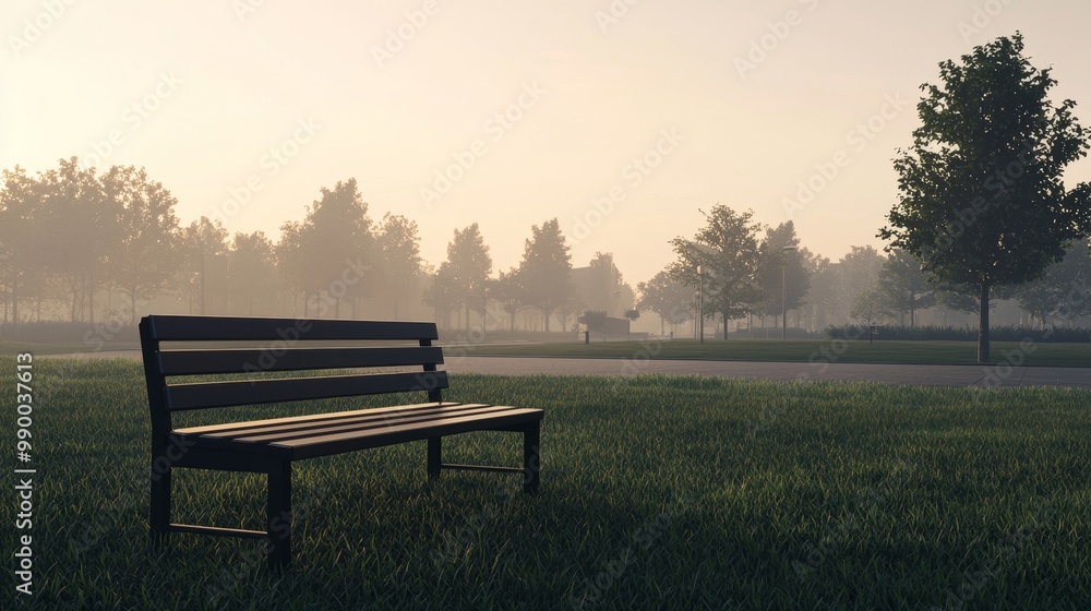Serene Park Bench at Sunrise with Misty Trees and Lush Green Grass in a Tranquil Urban Park Setting Serene Park Bench at Sunrise with Misty Trees and Lush Green Grass in a Tranquil Urban Park Setting