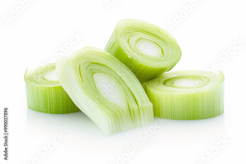 sliced leek on a white isolated background, front view