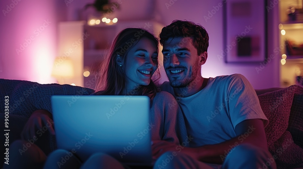 Watching a movie together on the laptop, a young couple enjoys a cozy night in. Watching a movie together on the laptop, a young couple enjoys a cozy night in.