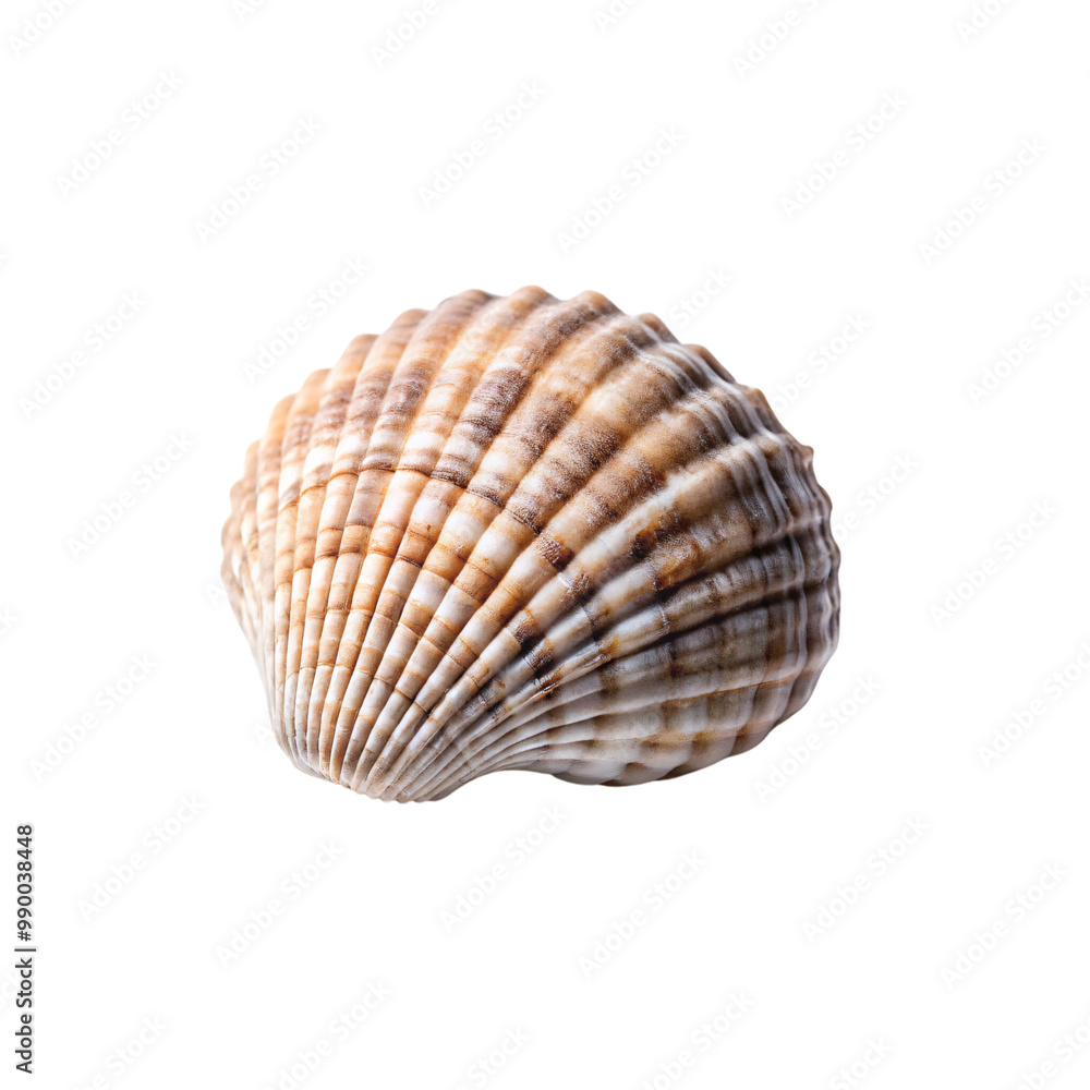 A fan-shaped seashell with a ridged surface, brown and white in color, shown against a transparent background, highlighting its symmetrical form and texture A fan-shaped seashell with a ridged surface, brown and white in color, shown against a transparent background, highlighting its symmetrical form and texture