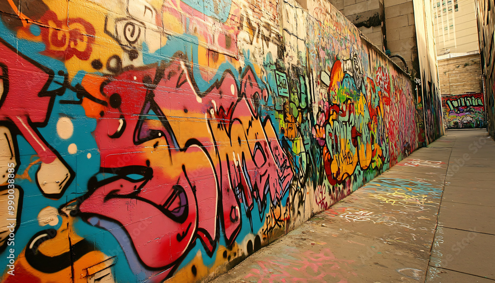 Fototapeta premium A graffiti-covered urban wall, showcasing vibrant colors, bold lines, and an edgy, artistic vibe