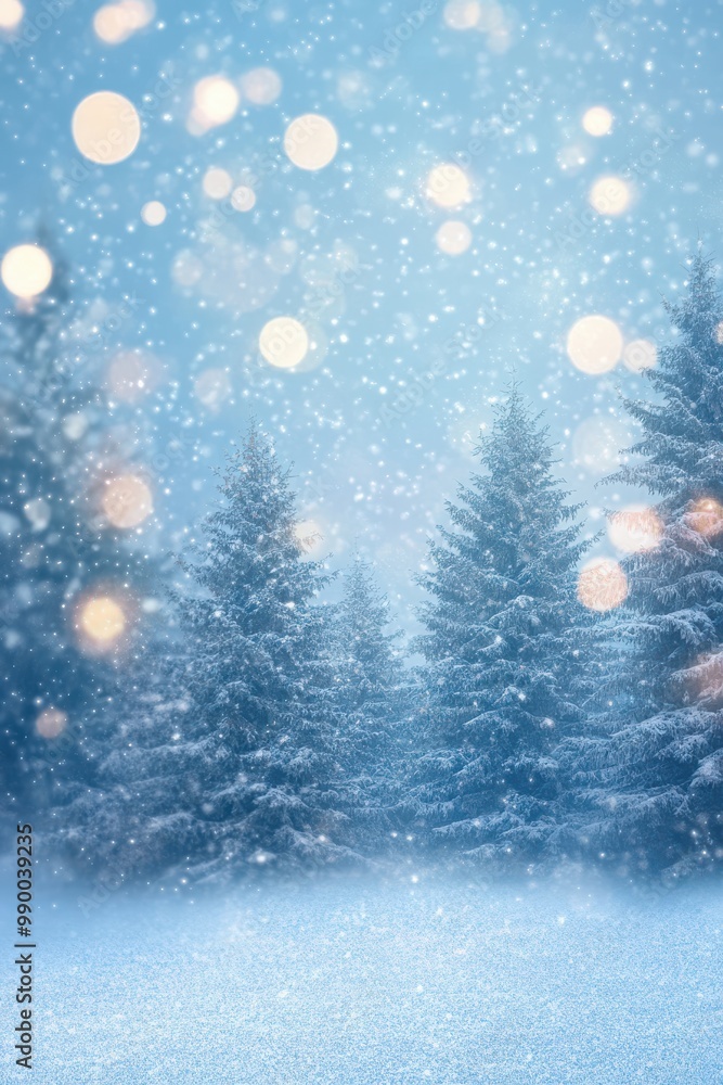 Snow trees with bokeh lighting in winter on a blurred background